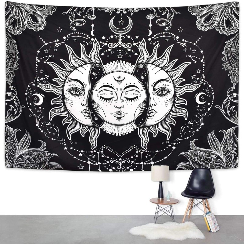 Ftuency Sun and Moon Tapestry Black and White Tapestries Mystic