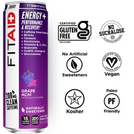 LIFEAID FITAID Energy Grape AÇAI, 200mg Natural Caffeine, Keto, Pre-Workout Performance: BCAAs, Quercetin, Electrolytes, Omega-3s, 15 Calories, Paleo, Vegan & Gluten-Free, 12-oz (Pack of 12)