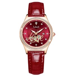 Women's Watch, Red Leather Strap, Diamond, Wristwatch, Stylish, Waterproof, Simple, Business, Brand, Cute, Casual, Luxury Gift, Red White Love Watch Women, LA303 Red