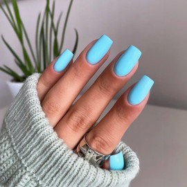 KQueenest Matte Light Blue Press on Nails Short Medium Square, Natural Fake Nails Acrylic for Women Finger Wear, Salon Like Gel Glue on Nails Short Coffin, Fall Winter False Nails Set, 24 Pcs No Glue