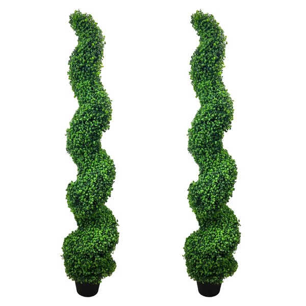 THE BLOOM TIMES 5ft Spiral Boxwood Topiary Trees Artificial Outdoor 2 Pack Fake Potted Plants UV Protected Faux Plants Indoor for Home Office Front Porch Decor Set of 2