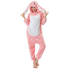 EJsoyo Adult Onesie Bunny One Piece Plush Pajamas Christmas Costume Animal Kigurumi Cosplay Jumpsuit Homewear Pink X-Large