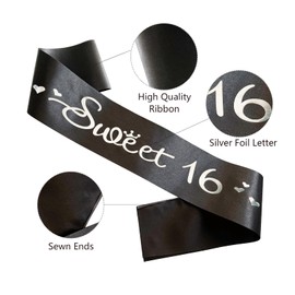 Sweet 16 Sash, Black Satin Soft Sashes with Silver Foil Letter, 16th Birthday Sash Decorations Gifts for Girls Happy 16th Birthday Party Favor Supplies