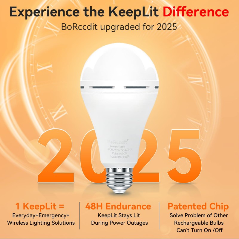 BoRccdit KeepLit 8PK Emergency Rechargeable Light Bulbs, 48H Battery Backup,