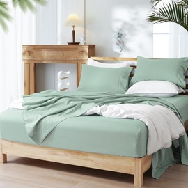 PHF Cooling Sheets Set King Size - Rayon Derived from Bamboo & Polyester, Breathable, Wrinkle-Free, Silky Soft with Wider 2.5cm Elastic Band & 16" Deep Pocket, Sage Green