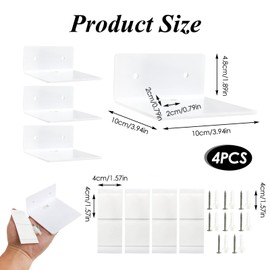 Pack of 4 Small Wall Shelves, White, Acrylic Small Floating Mini Shelf for Speakers, 10 x 10 x 5 cm, Modern Acrylic Floating Shelf with Cable Hole, for Bedroom, Bathroom, Living Room and Kitchen