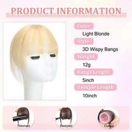 Clip In Fringe 100% Real Human Hair Bangs Hair Clip Thin Bangs On Hairpiece On Air Bangs With Temple Wispy Bangs Hair Extensions for women (Light blonde, 3D Wispy Fringe)