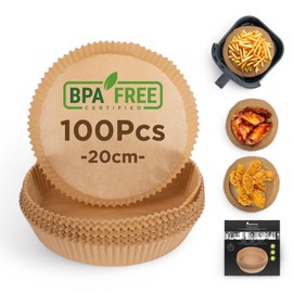 MasterPRO Foodies Baking Paper for Hot Air Fryer, BPA-Free, Set of 100 Round 20 cm Paper Cases for Air Fryer with 3-4.5 L Basket, Unbleached, Ideal Accessory for AirFryer