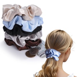 LiveBe Satin Zipper Scrunchies with Hidden Pocket Storage, Set of 5, Grey, Beige, Brown, Blue, Black (blue)