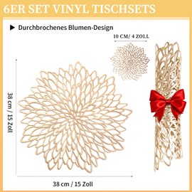 wiipara Set of 6 Place Mats, Washable, Modern PVC Placemats, Round, Christmas Decorative Table Mat, Dining Table Place Plate, Place Mat, Round for Home, Wedding (Gold, with Coaster)