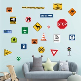42 Pieces Mega Size Waterproof Road Traffic Street Signs Wall Decal Stickers Vinyl Wall Decals for Kids Bedroom Classroom Playroom Birthday Decor (Flat Packing 5 Sheets 17"X11")