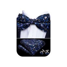 YOHOWA Conjunto de gemelos de pañuelo de seda para hombre, con pajarita, ajustable, de colores para hombres y niños, 01 Plata y azul marino moda floral, Talla única