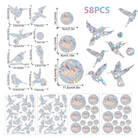 Pack of 58 Prism Window Stickers, Bird Protection, Anti-Collision, Hummingbird Circle Style, Suncatcher, Window Decoration, Electrostatic Adsorption Safety