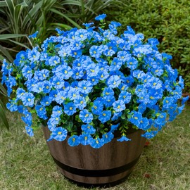 Nigirior Artificial Faux Flowers for Outdoor 16 Bundles Boxwood Fake Morning Glory for Planter,UV Resistant Fake Flowers for Home Porch Patio Outside（Blue）