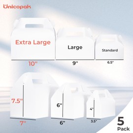 UnicoPak 5 Pack 10x7x7.5 Extra Large Gable Boxes White Handled Lunch Boxes To Go for Birthday Wedding Party Favors Picnic Welcome