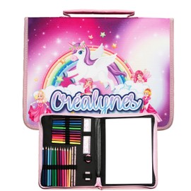 créalynes Unicorn Drawing Bag - Complete Drawing Case with 12 Colouring Pencils, 12 Markers, Eraser, Sharpener, Ruler, 2 Grey Pencils and Sketchbook, Green, Green, Cartoon Green