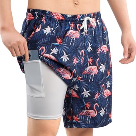 MASOCIO Mens Swimming Shorts Men Swim Trunks with Compression Liner Stretch No Mesh Double Layer Knee Length Long Men's Swimshorts Quick Dry Summer Beach Surf Animal Board Shorts Navy Blue S