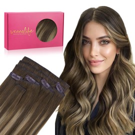 WENNALIFE Invisi Edge Clip in Hair Extensions Real Human Hair, 20 Inch 150g 7pcs Balayage Chocolate Brown to Caramel Blonde Seamless Clip in Extensions Remy Hair Clip Ins Invisible Skin Weft Straight