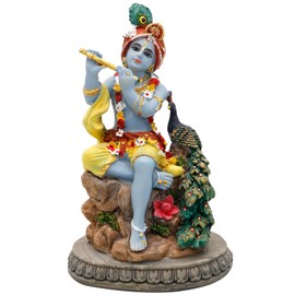 Hindu God Lord Krishna Statue – 5.5”H Sitting India Krishna Idol Play The Flute with Peacock Murti Item Home Office Temple Mandir Shrine Altar Pooja Decor Diwali Puja Gifts for Indian Friends