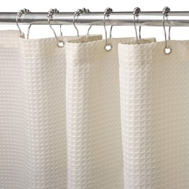 Waffle Shower Curtain with Metal Shower Curtain Rings Fabric Textile Bath Curtain Anti Mould Bathroom Curtain Set Waterproof Bath Curtain Heavy Shower Curtain Bathroom - 92 x 182 cm (Cream)