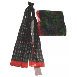 Unbranded Christmas Scarves Holly & Trees Black Green Red Sheer Lot 2 Party Holiday Casual