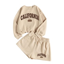 Hilinker Women Graphic 2 Piece Outfit Long Sleeve Sweatshirt and Shorts Set Casual Sweatsuits Khaki CALIFORNIA USA X-Large