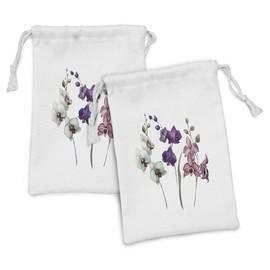 Ambesonne Watercolor Fabric Pouch Set of 2, Orchids 3 Colors Blooming Flourishing Environment Theme, Small Drawstring Bag for Toiletries Masks and Favors, 9" x 6", Cream Violet Dried Rose
