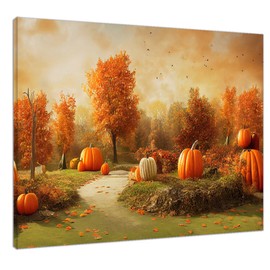 LB Fall Pumpkin Wall Art, Autumn Orange Pumpkin with Maple Forest Canvas Wall Art, Thanksgiving Maple Leaf Wall Art for Living Room Bedroom Bathroom Home Decor Ready to Hanging 24x16 Inch