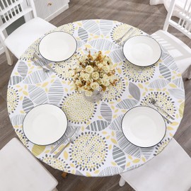 Round Vinyl Fitted Tablecloth with Flannel Backing Elastic Edge Design Table Cover Waterproof Oil-Proof PVC Table Cloth Stain-Resistant Wipeable for Round Table
