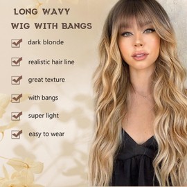 MINSEEYOO Dark Blonde Wig with Bangs for Women Long Wavy Wigs 26 Inch Blonde Wigs Natural Looking Heat Resistant Synthetic Wig for Daily Party Use