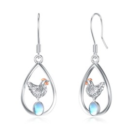 SHUSUKUE Chicken Earrings 925 Sterling Silver Moonstone Animal Dangle Earrings Farm Hen Ornament Chicken Jewelry Gifts for Women (with Gift Box)