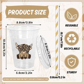 Whaline 50Pcs Highland Cow Disposable Plastic Cups with Lids and Straws 12oz Cute Farm Cow Party Cups Cold Beverage Drinking Cups for Birthday Baby Shower Wedding