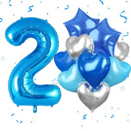 Luftballon 2. Geburtstag,Blau Geburtstagsdeko 2 Jahr mit Riesen folienballon 2 Silber Blau Herz Stern Folienballons für 2. Geburtstag Junge Mädchen Geburtstagdeko Party