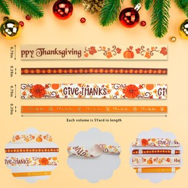 Hying 4 PCS Fall Thanksgiving Ribbons for Gift Wrapping, Autumn Pumpkin Leaves Grosgrain Ribbons Metallic Words Gift Ribbon Orange Craft Ribbons for Fall Thanksgiving Decor, 0.39"/0.79"×20 Yards