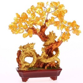 lachineuse - Yellow Citrine Dragon Tree - Feng Shui Tree 19 cm - Asian Decoration Japanese Dragon - Lucky Tree with Golden Dragon - Asian Decoration with Gemstones - Object Japan Zen