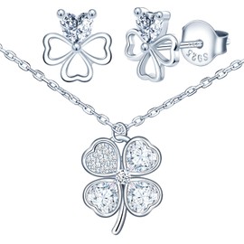 CPSLOVE Fashion Women's Clover Chain Pendant and Lucky Clover Hollow Earrings 925 Silver Four-Leaf Jewellery Sets Elegant Girls Zircon Necklace and Stud Earrings, Sterling Silver, Zircon gemstone.