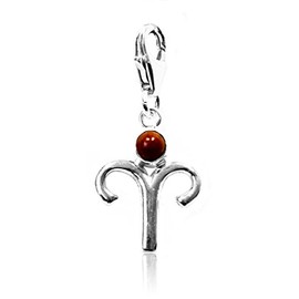 Pendant Zodiac Sign Aries Charm 15 mm, Gemstone 925 Sterling Silver Red with Jaspis, Karabiner for Chain Bracelet