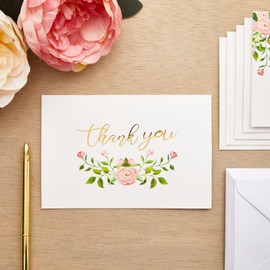 48-Count Thank You Cards with Envelopes, 6 Elegant Rose Flower Designs with Gold Foil Print for Wedding Baby and Bridal Shower
