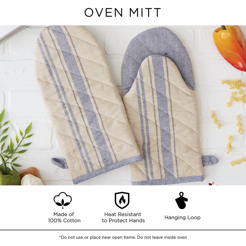 DII 100% Cotton Solid Chambray Kitchen Set, Oven Mitts, Blue,