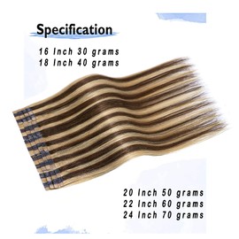 Aison Tape in Brazilian Human Hair Extensions Remy Human Hair Balayage Seamless Silky Straight(22Inch #4p27 Medium Brown/Dark Blonde 20pcs 60g)