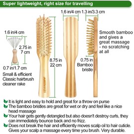 Bamboo Hair Brush with Cleaner Tool For Womens Thick Thin Curly and Straight Hair, Bamboo Bristles Help Hair Growth, Enhance Shine & Health - 2 Pack