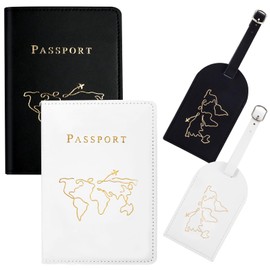 Passport Cover and Luggage Tag Set, PU Leather Suitcase Tag with Address Label for Luggage, Suitcase, Bag, Passport Holder for Couples, Honeymoon Gift (Black + White)