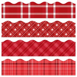 BeYumi 80Pcs Valentine's Day Red Plaid Bulletin Board Borders Red Heart Scalloped Plaid Border Trim Valentine's Day Themed School Classroom Office Party Chalkboard Blackboard Whiteboard Decoration