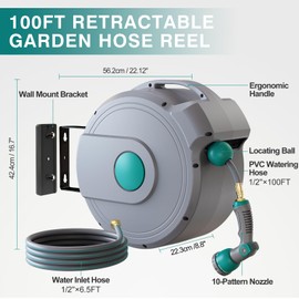 AXTRIM Retractable Garden Hose Reel, Retractable Hose 1/2 in x 100 ft, Retractable Garden Hose Wall Mounted, Retractable Hose Reel with 10-Function Sprayer Nozzle, Any Length Lock, 180° Swivel Bracket