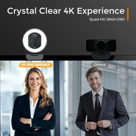 Galyimage 4K Webcam for PC, 4K Web cam with Ring Light, TOF Autofocus, AI Noise-Canceling Mic,Built-in Privacy Cover, Streaming Camera for Live Commerce/Gaming/Beauty