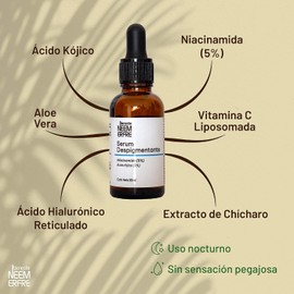 Bienestar NEEM ERFRE Serum despigmentante con Niacinamida 5% + Vitamina C Liposomada 7% + Ácido Kojico 2% + Extracto de chicharo Incrementa luminocidad y Unifica tono facial