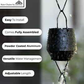 Rain Chains by JASINC 8.5 ft Harmony Cups Black Powder Coated, to Replace Roof Gutter Downspout, with Installation Kit, Rainwater Catcher/Water Diverter, JAS3005BLK