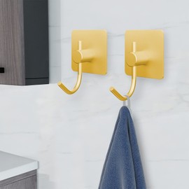 VAEHOLD 6 Pack Adhesive Wall Hooks, Heavy Duty Sticky Holder Aluminum Towel Hooks for Hanging Coat, Hat, Towel, Robe, Key, Closet Hook Wall Mount for Kitchen, Bathroom, Office (Gold)