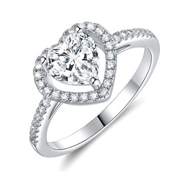 18K White Gold Plated Heart Cubic Zirconia Rings for Women Wedding Promise Engagement Size 6.5