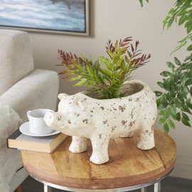 Deco 79 Magnesium Oxide Pig Indoor Outdoor Planter Small Planter Pot with Distressed Details, Planter 7" x 17" x 8", Light Brown